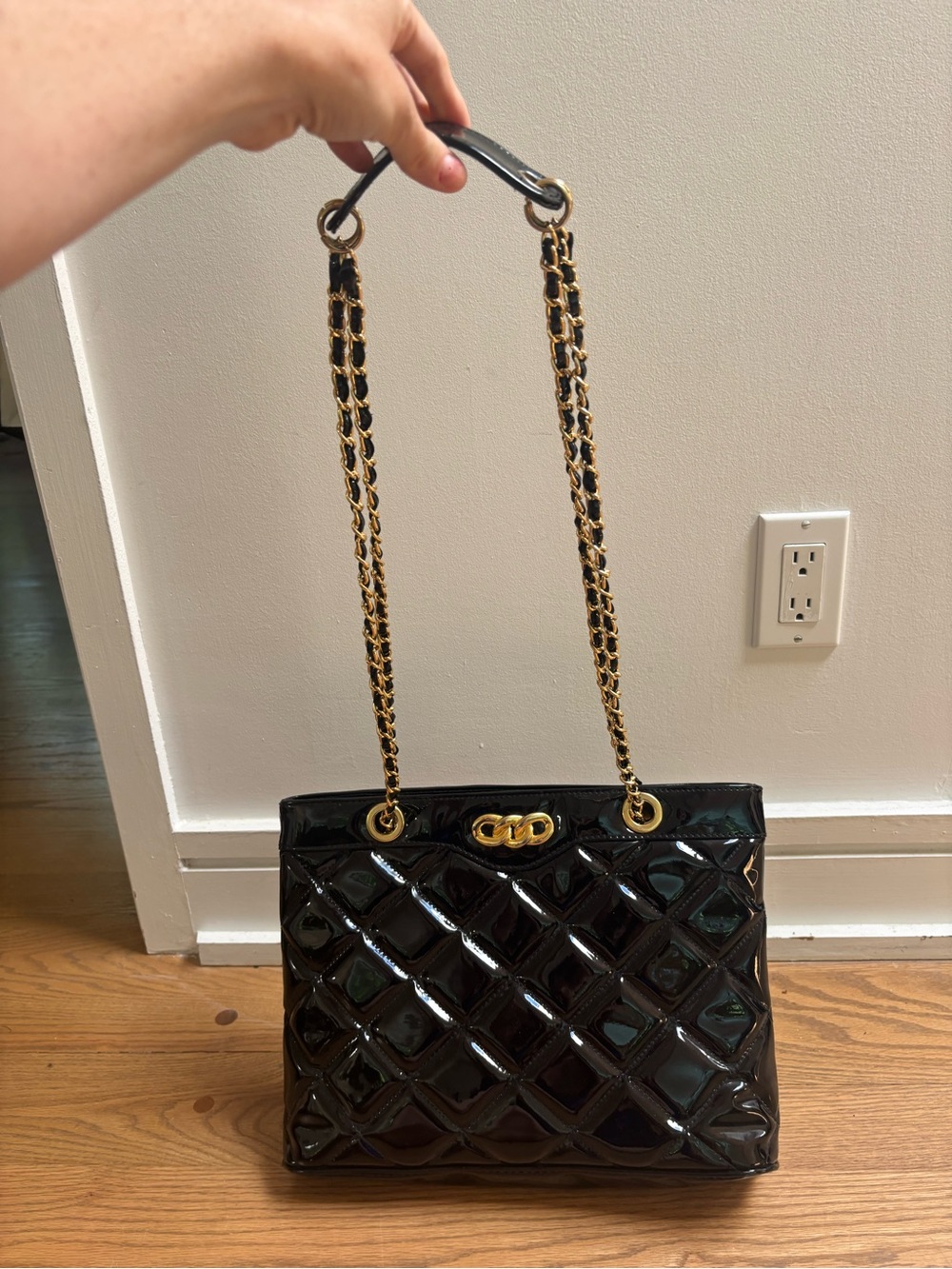Vintage Black Quilted Patent Shoulder Bag with Gold Chain